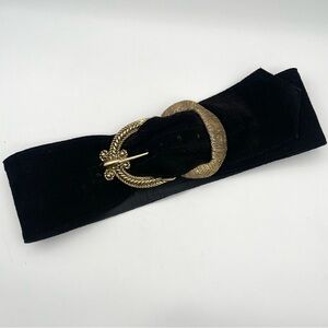 Vintage Black Leather Suede Caché Chunky Statement Gold Tone Buckle Belt Medium